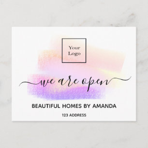 Logo reopening white pastels interior designer postcard