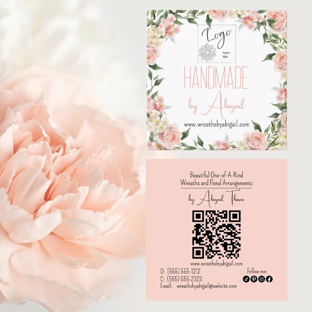 Logo Rose Floral Handmade Crafting Business Card (Pink Rose Floral Handmade Crafting Logo QR Code Square Business Cards)