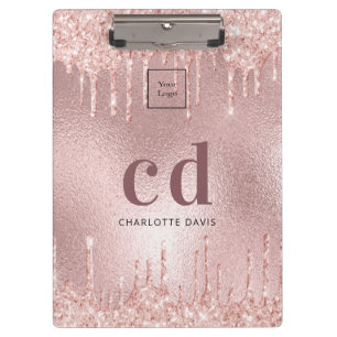 Logo rose gold glitter monogram initials business clipboard