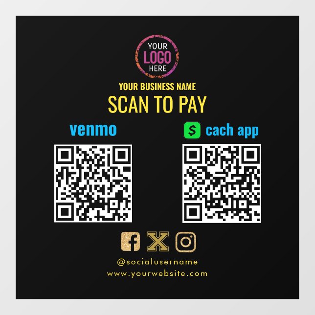 Logo Scan to Pay CashApp Venmo QR Code Window Cling (Sheet)