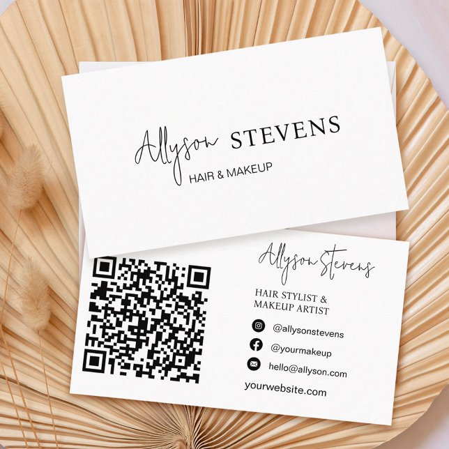 Logo script Black white hair makeup qr code Business Card (Creator Uploaded)
