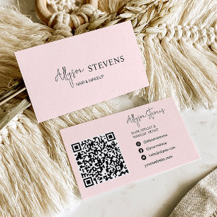 Logo script Blush pink hair makeup qr code Business Card