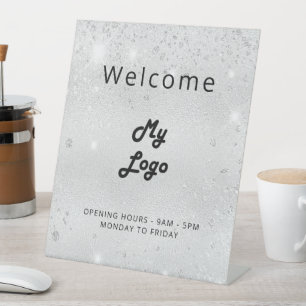 Logo silver glitter welcome business  pedestal sign