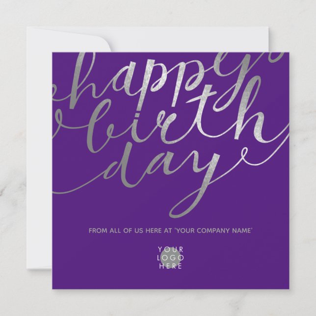 Logo Silver Script Lettering Chic Purple Birthday Card (Front)
