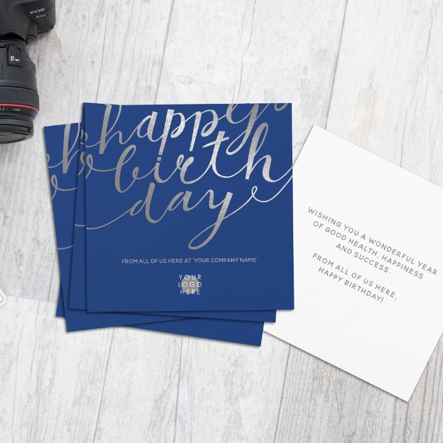 Logo Silver Script Lettering Navy Blue Birthday Card (Creator Uploaded)