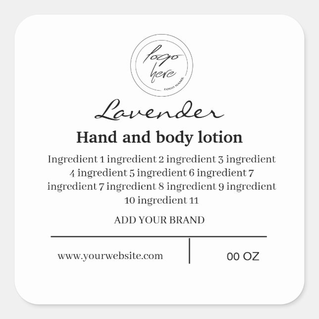 Logo simple black and white ingredients square sticker (Front)