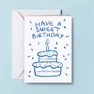 Logo Simple Hand Drawn Cake Blue White Birthday Card