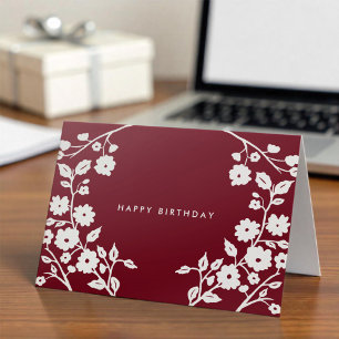 Logo Simple White Folk Flowers Burgundy Birthday Card