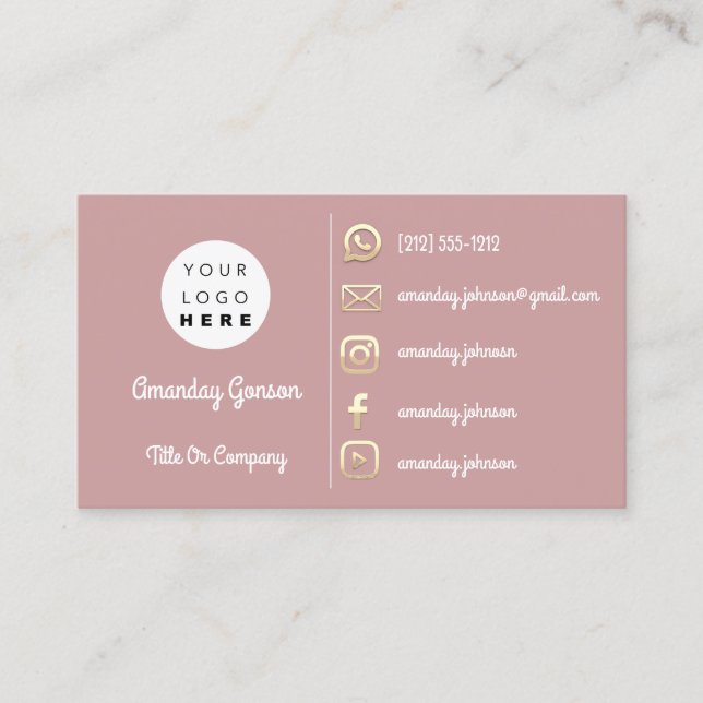 Logo Social Media Gold QR Code Gold Blush Business Card (Front)