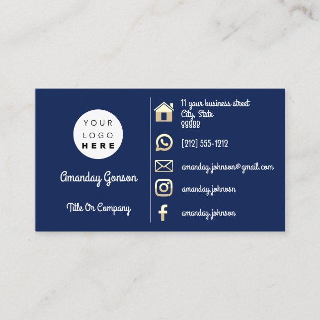  Logo Social Media Gold QR Code Gold Navy Business Card (Front)