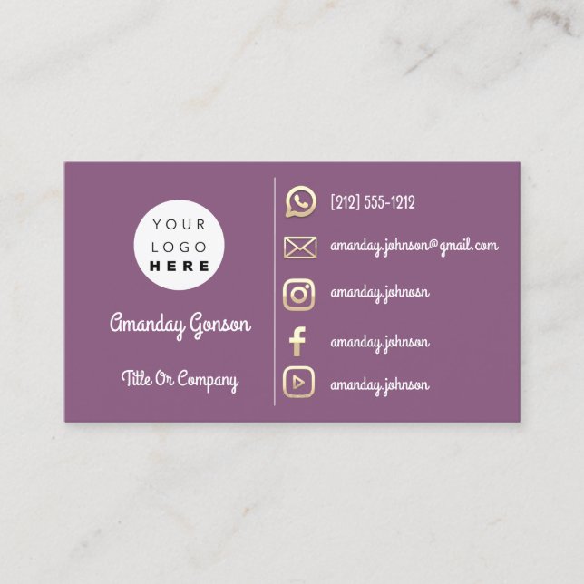  Logo Social Media Gold QR Code Gold Purple Business Card (Front)