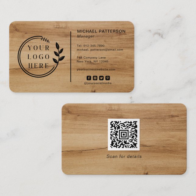 Logo Social Media QR Code Carpentry Wood Modern Business Card (Front/Back)