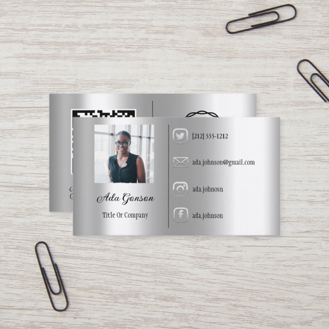  Logo Social Media QR Code Photo Silver Grey Business Card (Front/Back In Situ)