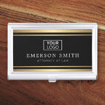 Logo stylish faux golden gradient borders black  business card holder<br><div class="desc">Elegant,  black and golden gradient (printed image with a brushed metal effect simulated in the artwork) business card holder with your custom logo,  name and title/company name printed on the front. White and grey text.</div>