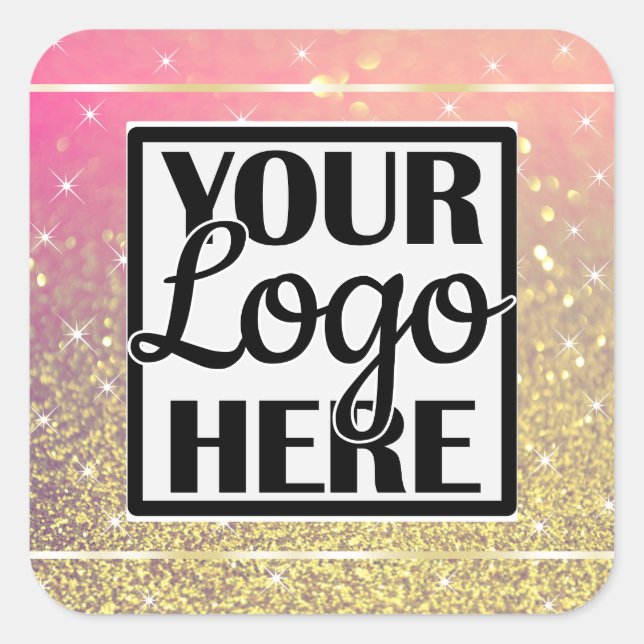 Logo Template Gold and Pink Glitter Sparkle Stars Square Sticker (Front)