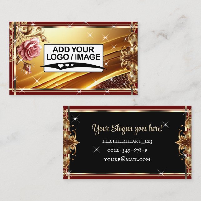 Logo Template Luxury Chic Gold Red Rose Flower Business Card (Front/Back)