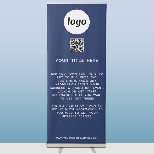 Logo Text QR Code Promotional Business Blue Retractable Banner (Simple logo with custom text QR code blue business branding promotional banner stand)