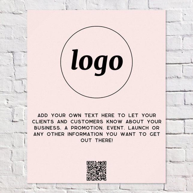 Logo Text QR Code Promotional Business Blush Pink Poster (Logo with custom text and QR code blush pink business promotional poster)