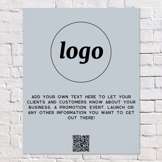 Logo Text QR Code Promotional Business Powder Blue Poster (Logo with custom text and QR code promotional business light dusty pastel powder blue poster flyer)