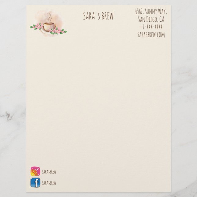 logo watercolor coffee mug and flowers cafe custom letterhead (Front)