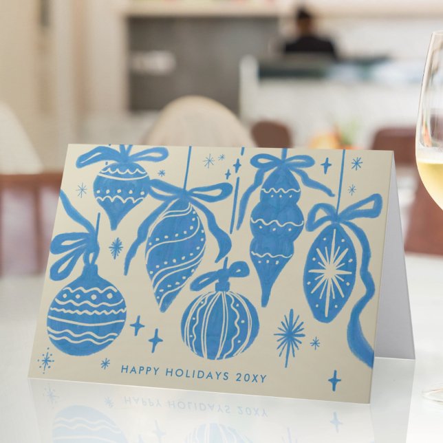 Logo Whimsical Blue Decorations Beige Corporate Holiday Card (Creator Uploaded)