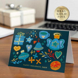 Logo Whimsical Hand Painted Blue Orange Business Foil Holiday Card
