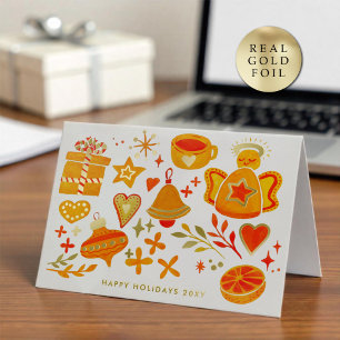 Logo Whimsical Hand Painted Orange White Business Foil Holiday Card