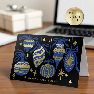 Logo Whimsical Navy Blue Decor Black Business Gold Foil Holiday Card