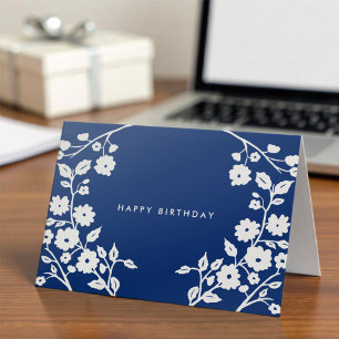 Logo White Folk Flowers Navy Blue Office Birthday Card