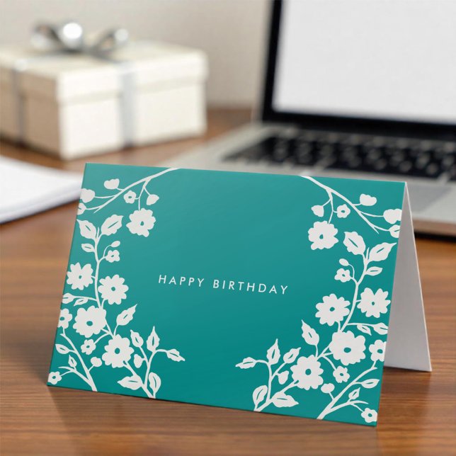 Logo White Folk Flowers Teal Blue Office Birthday Card (Creator Uploaded)