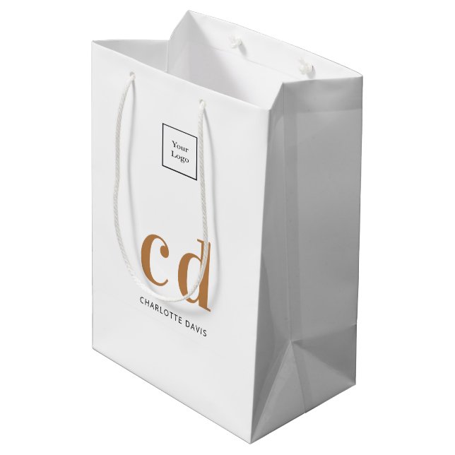Logo white gold monogram initials shopping medium gift bag (Back Angled)
