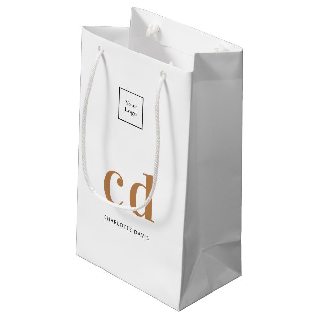 Logo white gold monogram initials shopping small gift bag (Back Angled)