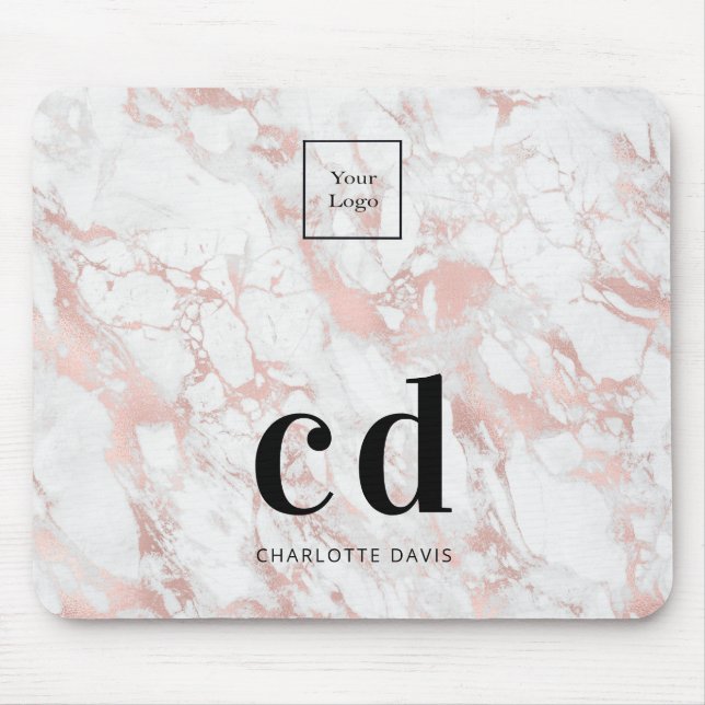 Logo white rose gold monogram marble business mouse mat (Front)