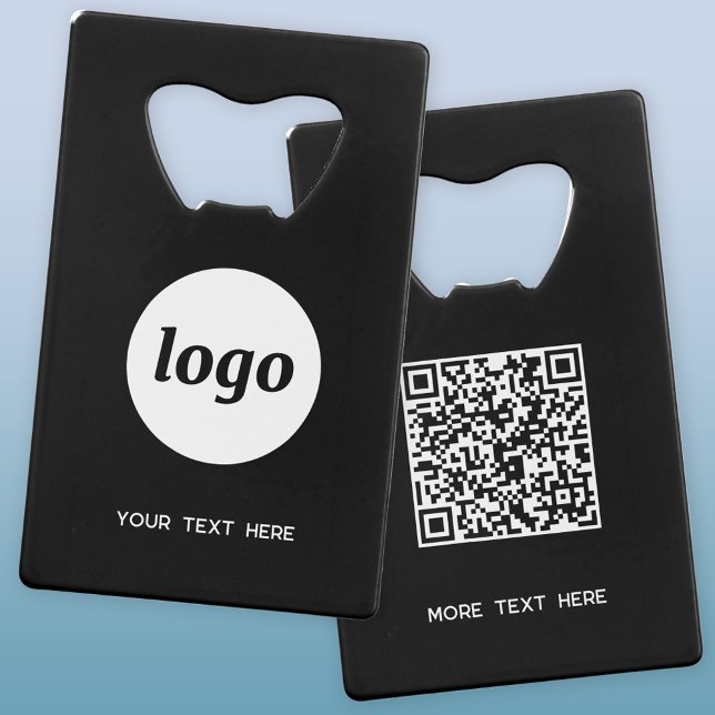 Logo With Text QR Code Business White on Black (Logo QR code custom text business promotional credit card style bottle opener)