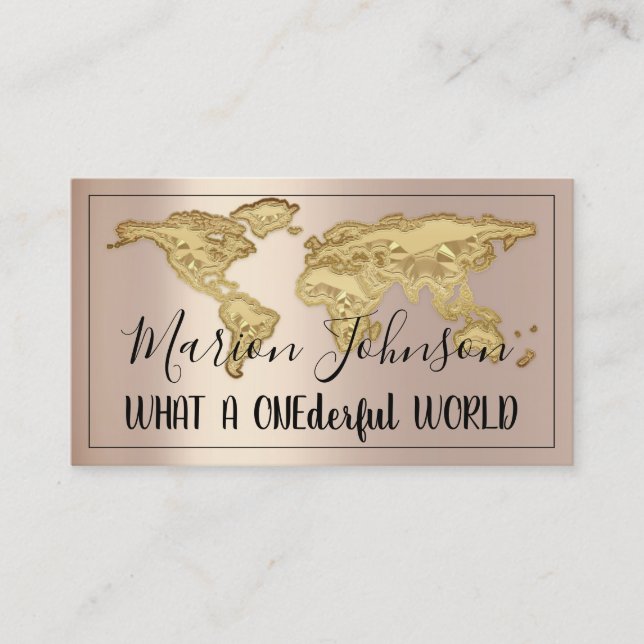 Logo World Map Globe Map Travel Agency Rose Gold Business Card (Front)