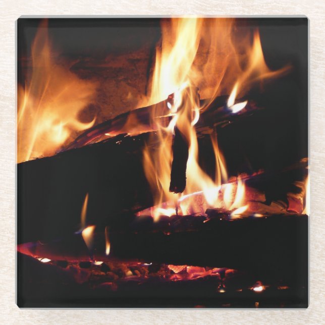 Logs in the Fireplace Warm Fire Photography Glass Coaster (Front)