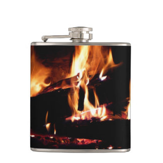 Logs in the Fireplace Warm Fire Photography Hip Flask