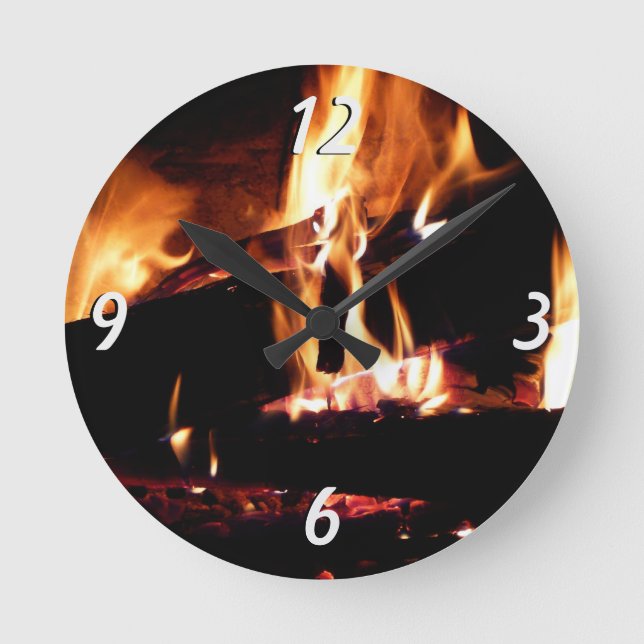 Logs in the Fireplace Warm Fire Photography Round Clock (Front)