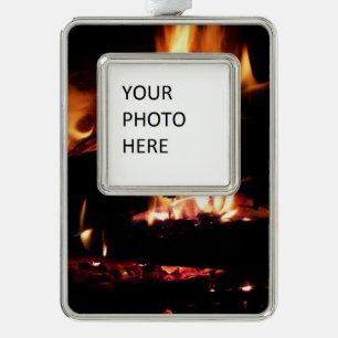 Logs in the Fireplace Warm Fire Photography Silver Plated Framed Ornament