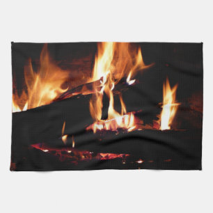 Logs in the Fireplace Warm Fire Photography Tea Towel