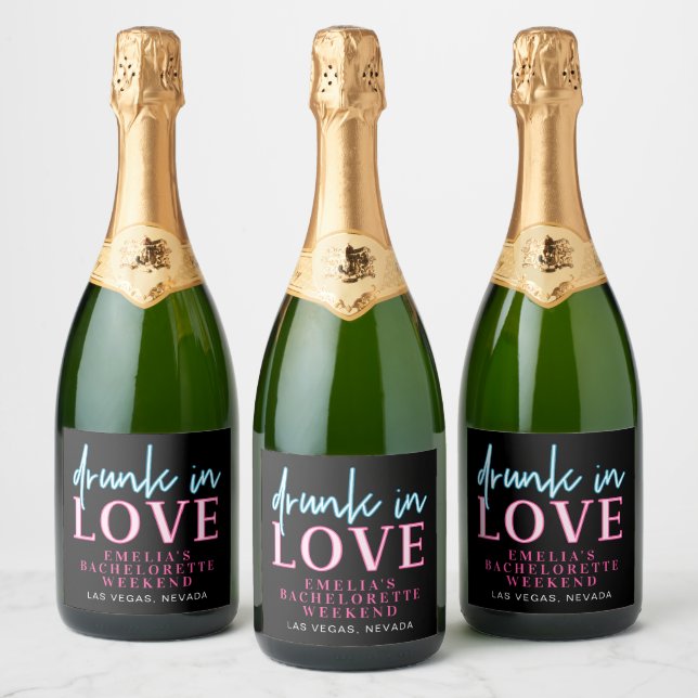 LOLA Neon Blue Pink Drunk In Love Bachelorette Sparkling Wine Label (Bottles)