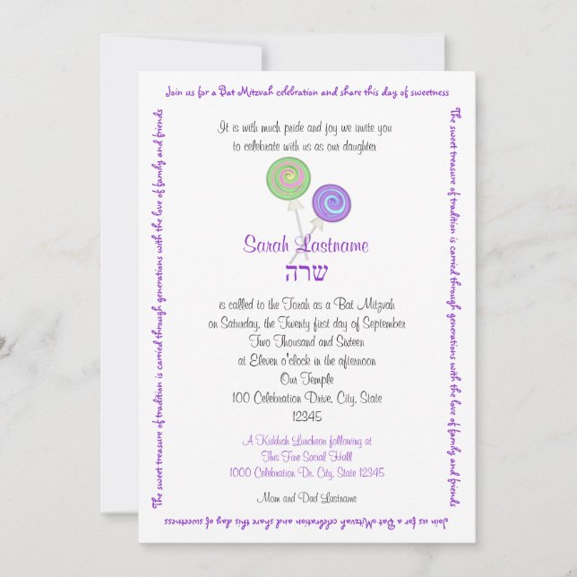Lollipop Candy Bat Mitzvah Lavender Invitation (Front)