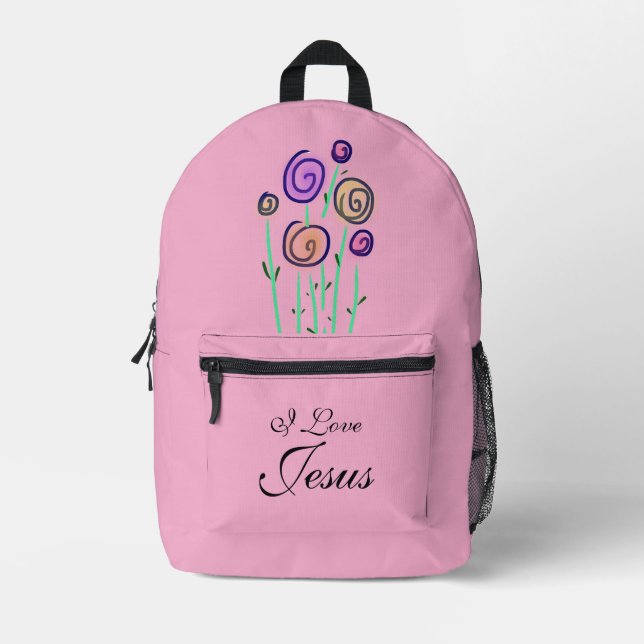 Lollipop Floral Graphic I Love Jesus Pink Printed Backpack (Front)