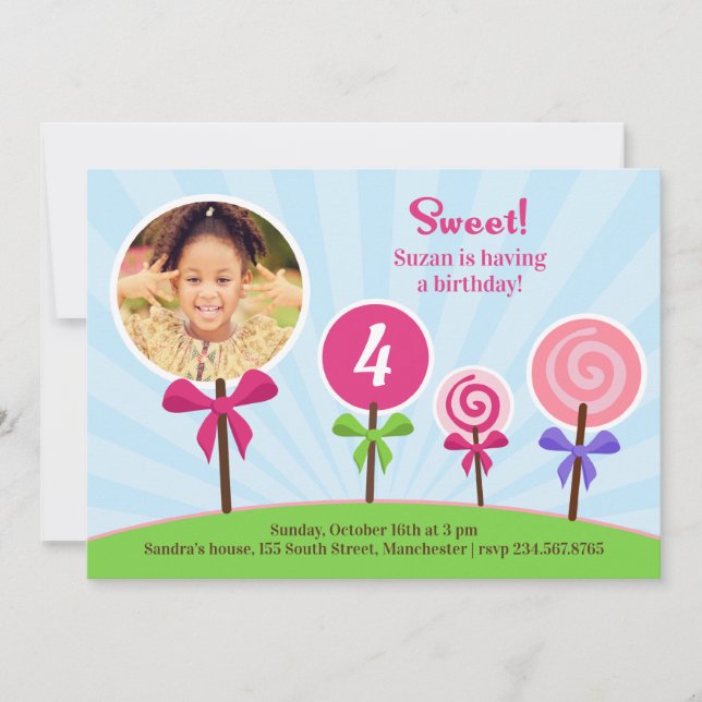 Lollypop Birthday Photo Flat Invitation (Front)