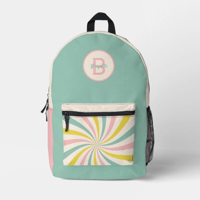 'Lollypop Vibes', retro pastel swirl  Printed Backpack (Front)