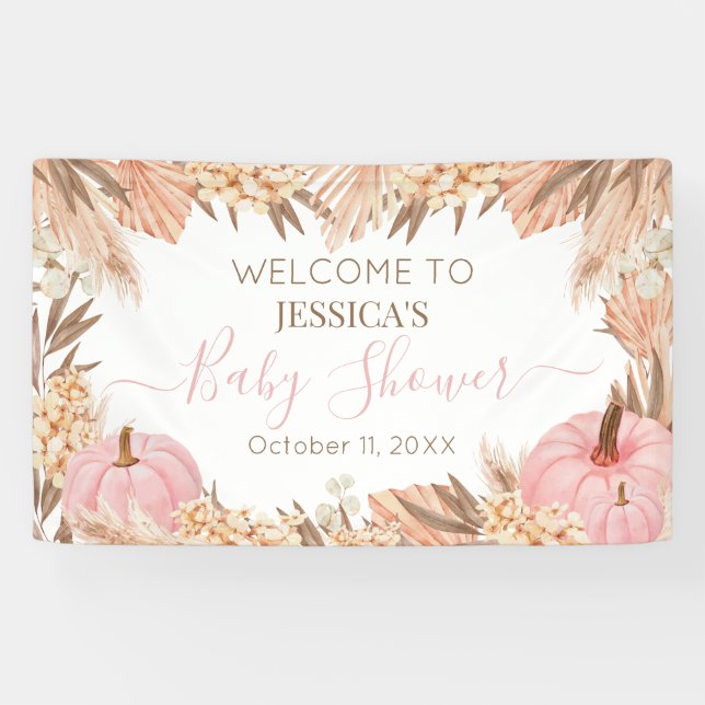 Lona Boho Pampas Pink Pumpkin baby shower Welcome  Banner (Horizontal)