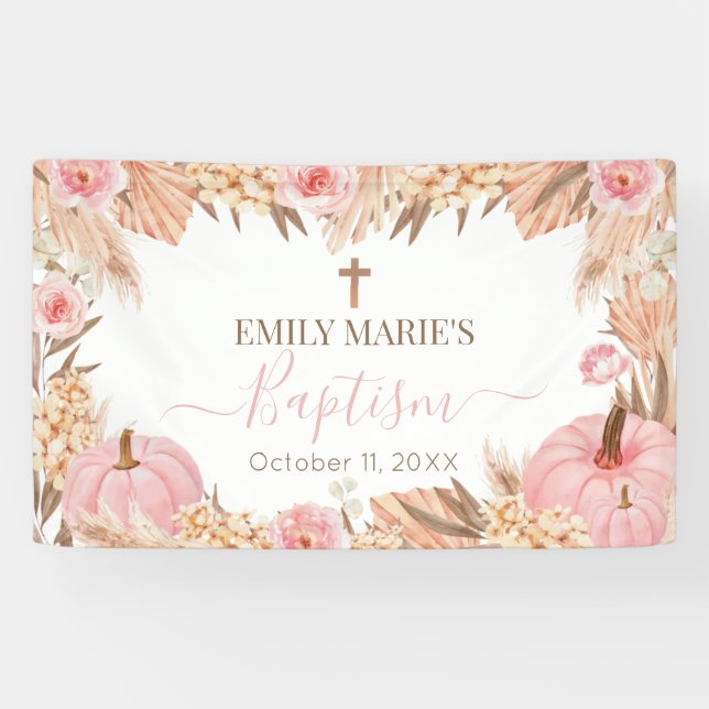 Lona Floral Boho Pampas Pink Pumpkin baptism Banner (Horizontal)