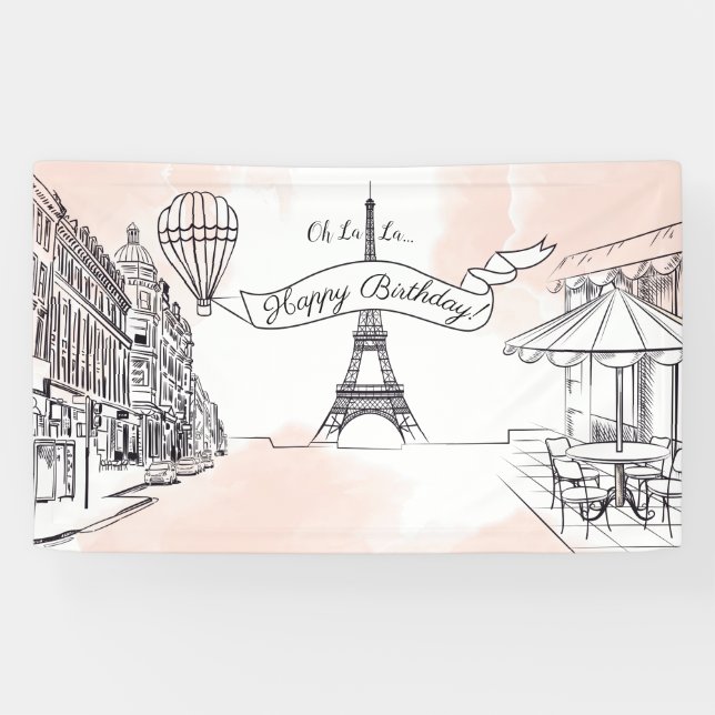 Lona Oh La Paris backdrop Happy Birthday banner (Horizontal)