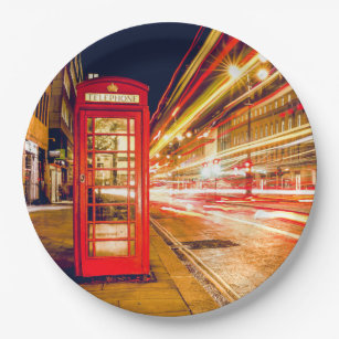 London at Night with British Red Telephone Box Paper Plate