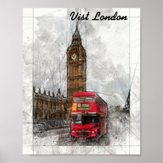 London big ben and red bus poster